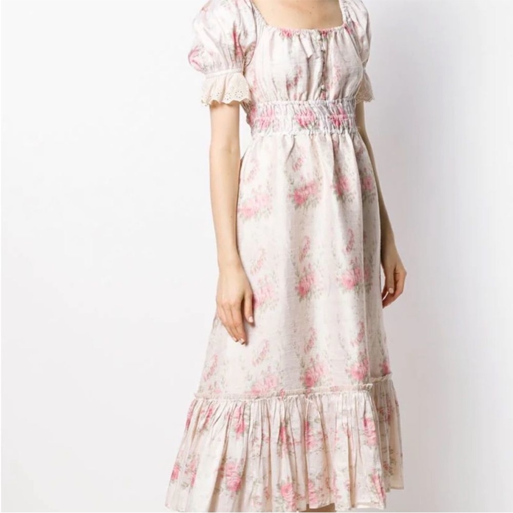 LoveShackFancy Terrence Dress 100% Silk - Pockets Ruffle Hem Puff Sleeve Eyelet - Picture 4 of 17